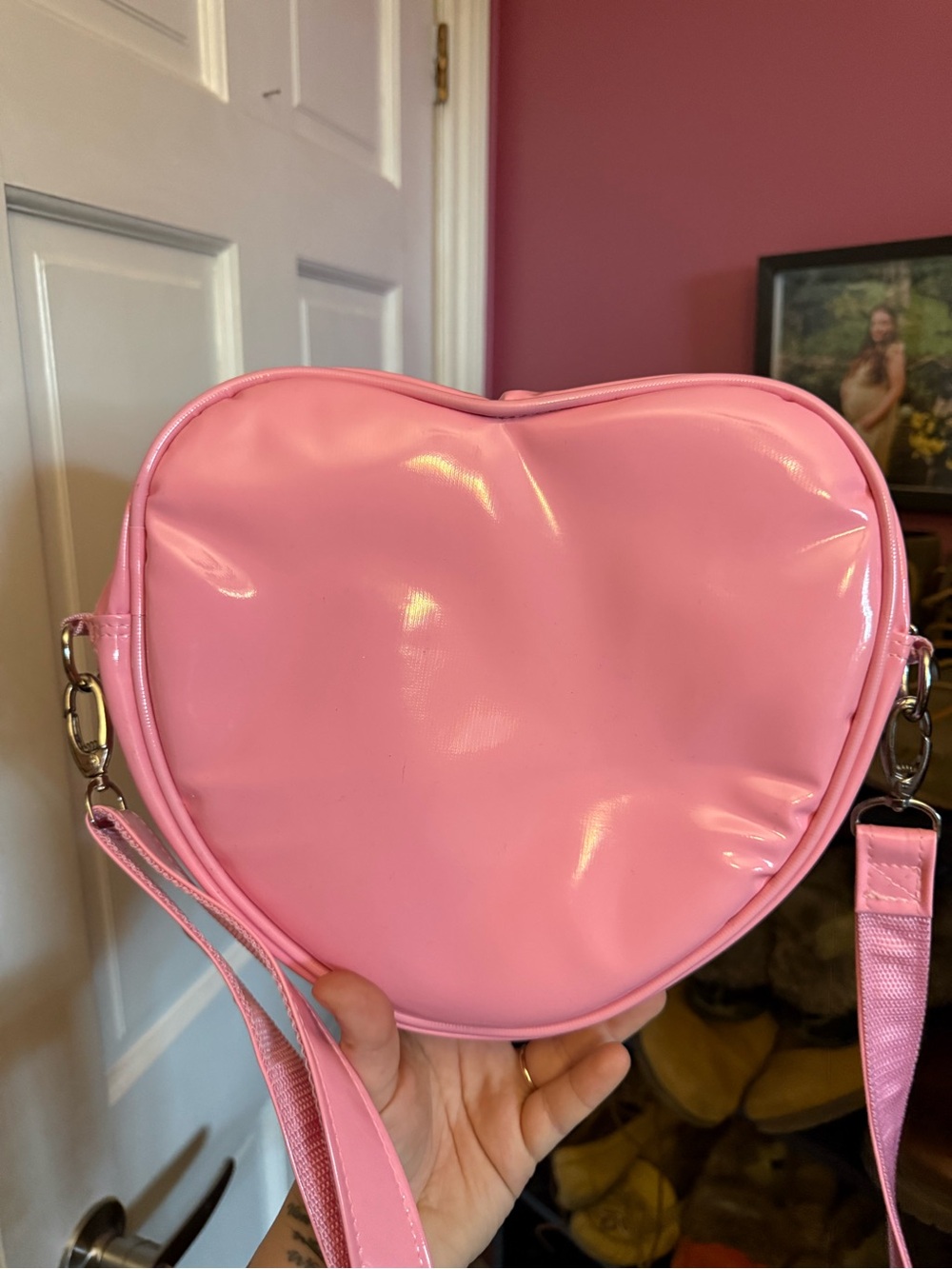 Nara Prado Vinyl Pink Heart-Shaped Jack-O'-Lantern Crossbody Bag Halloween - Picture 2 of 4